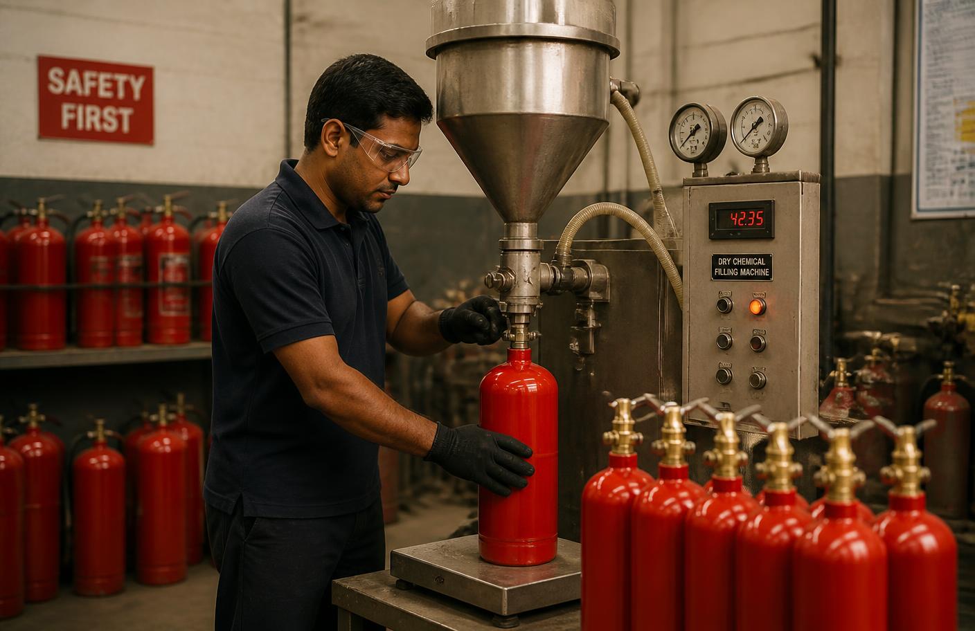 Teknisi mengisi ulang tabung APAR dengan mesin dry chemical filling di workshop STARVVO